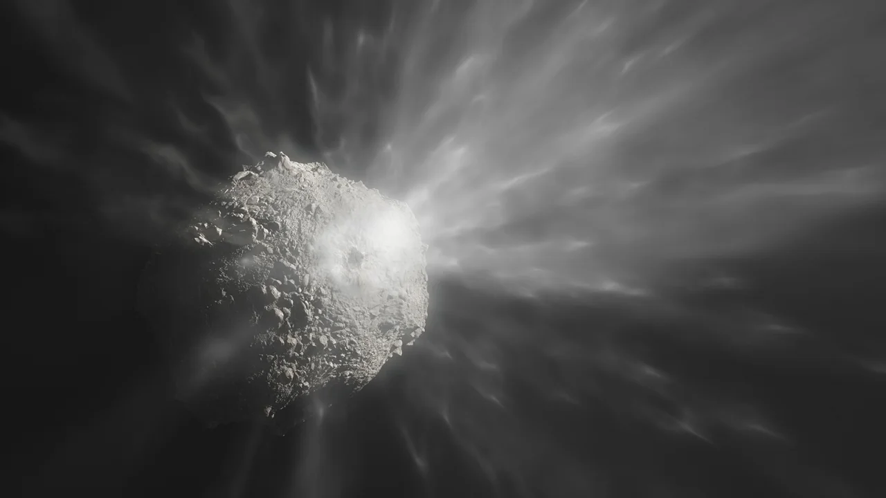 After an intended impact by a spacecraft, an asteroid creates a debris cloud