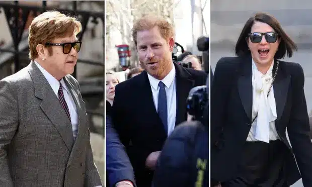 Elton John, Prince Harry and Sadie Frost arriving at the high court in London for the case against Associated Newspapers.