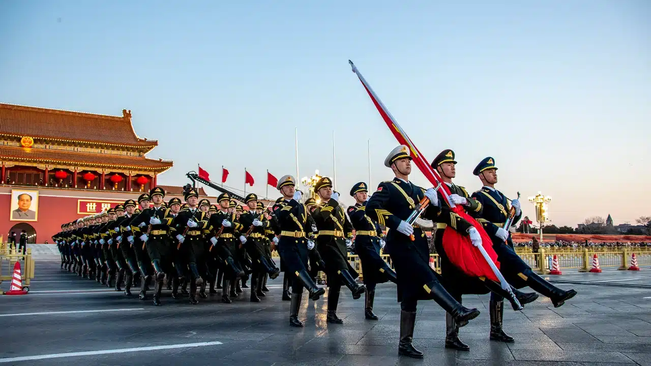 The Guard of Honor of the Chinese People's Liberation Army (PLA) escorts the national flag during a flag-raising ceremony at Tiananmen Square on January 1, 2023.