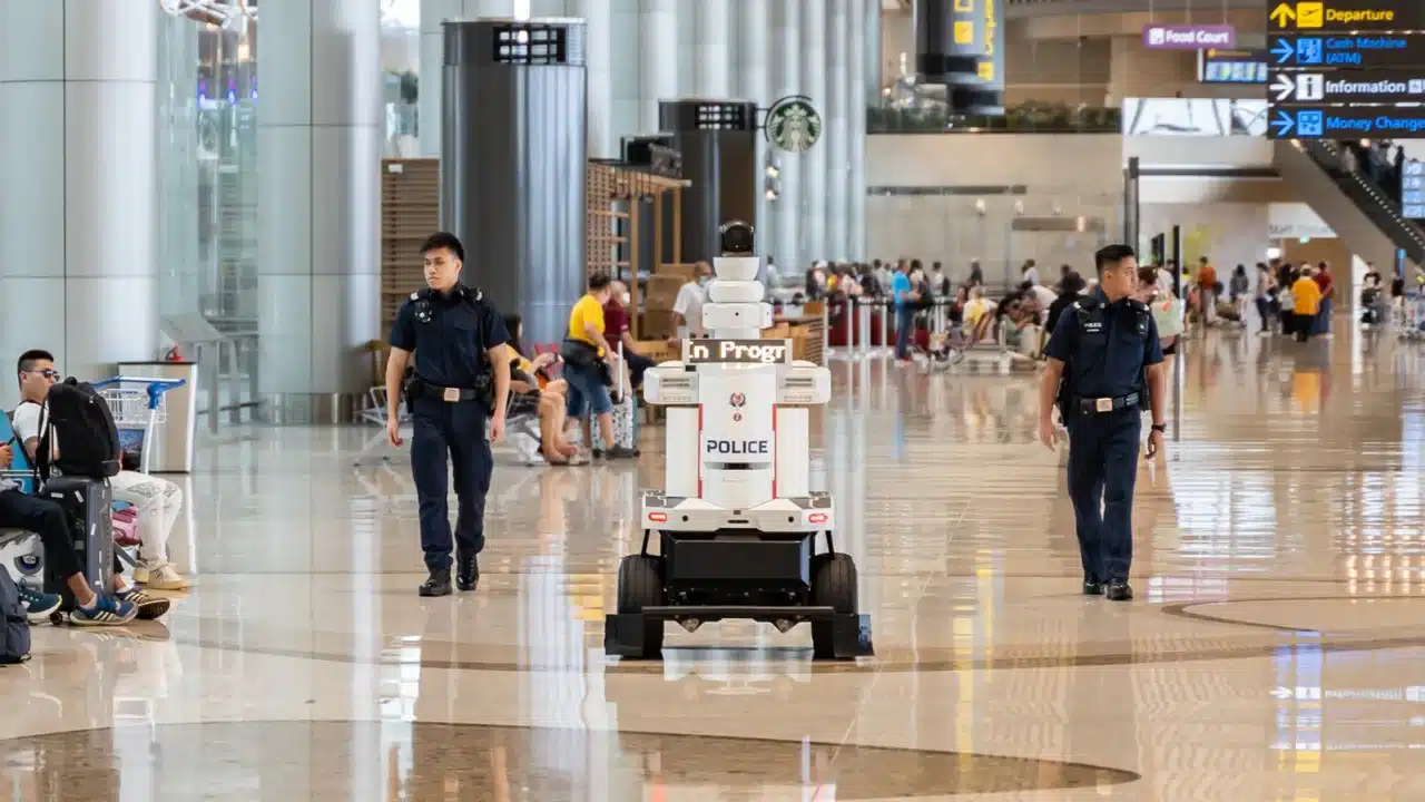Police robots patrol the airport in Singapore