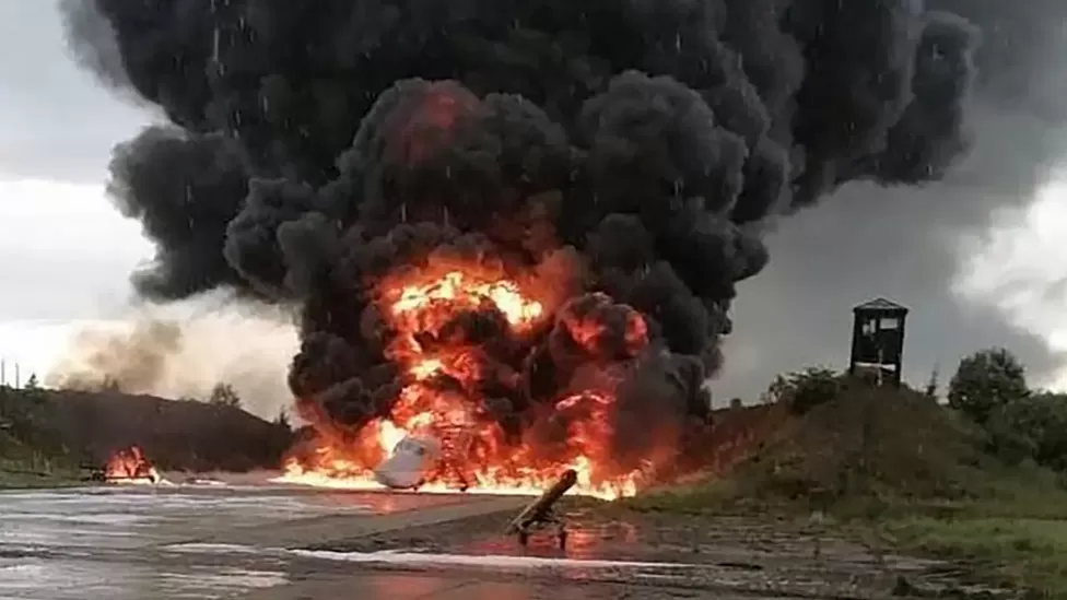 Images posted online show a Tu-22 on fire at Soltsy-2 airbase